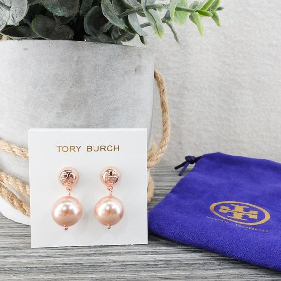 Tory Burch Women's Crystal Faux Pearl Drop Earrings Rose Gold OS - Picture 13 of 14